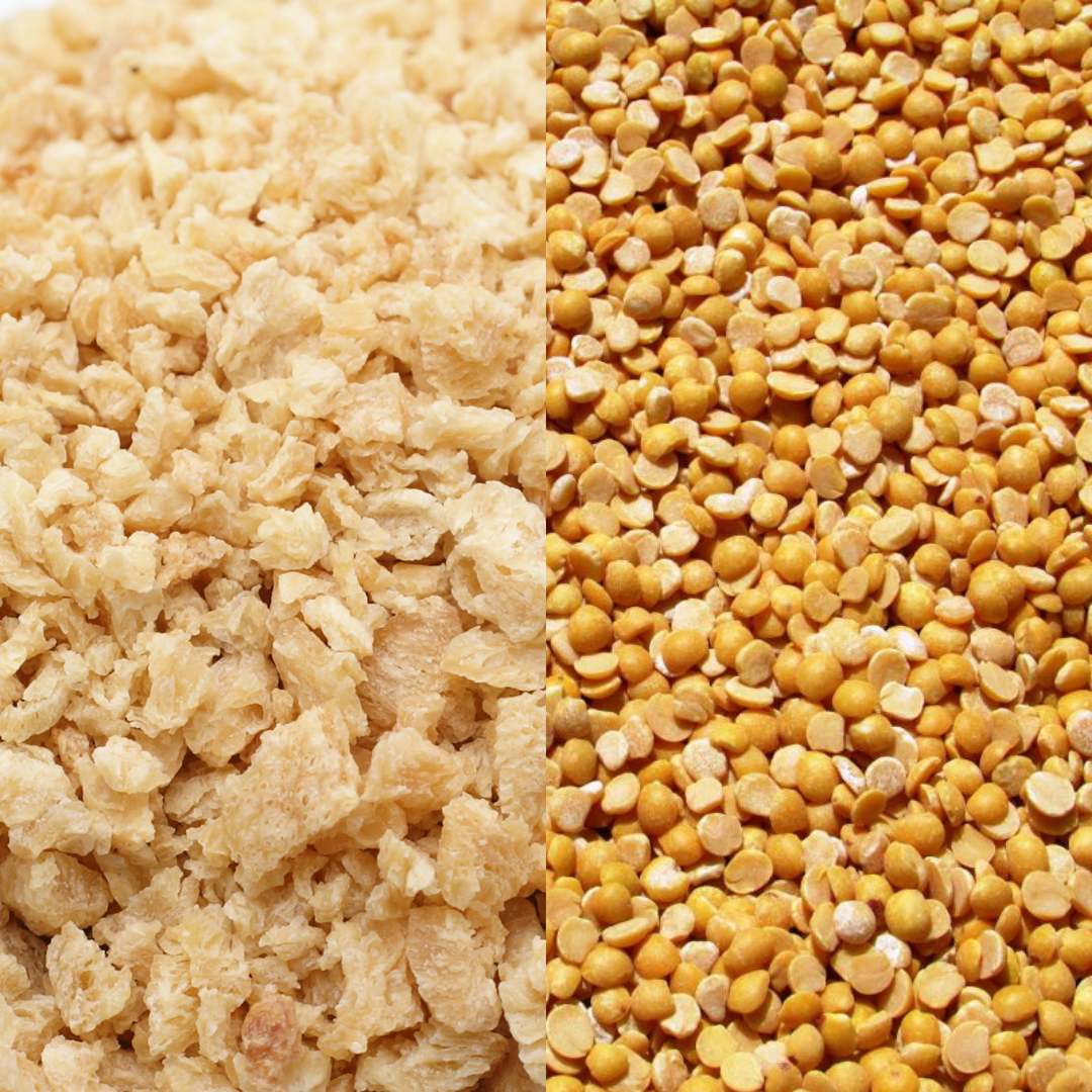 Gros plan sur des proteines de pois (gauche) et de soja (droite), ingredients essentiels des cereales Magic Morning, riches en fibres et proteines, faibles en sucre.