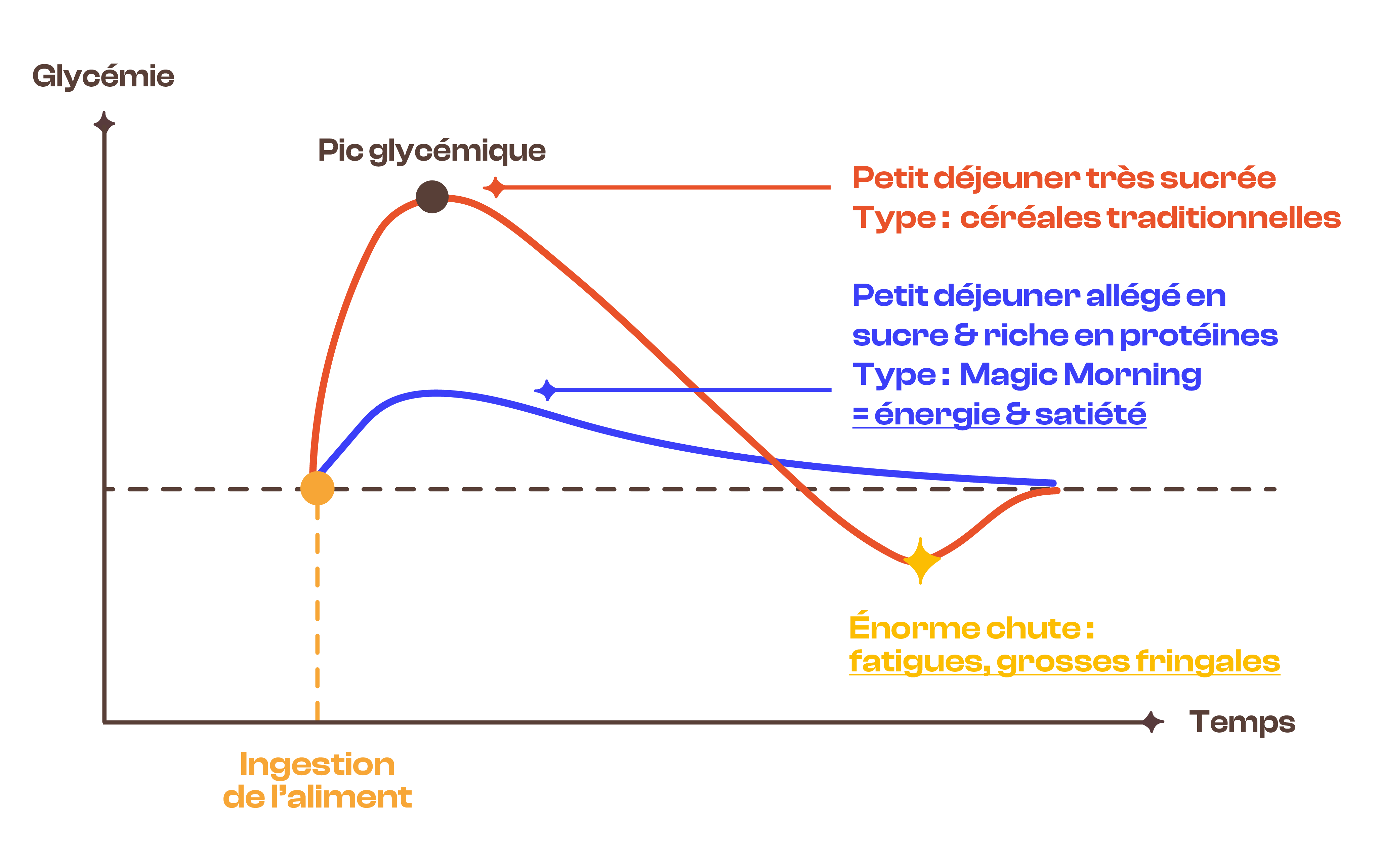 Graphique montrant l'impact glycémique d'un petit-déjeuner sucré versus un petit-déjeuner riche en protéines Magic Morning. Courbe rouge : pic glycémique élevé et chute brutale. Courbe bleue : énergie stable et satiété.