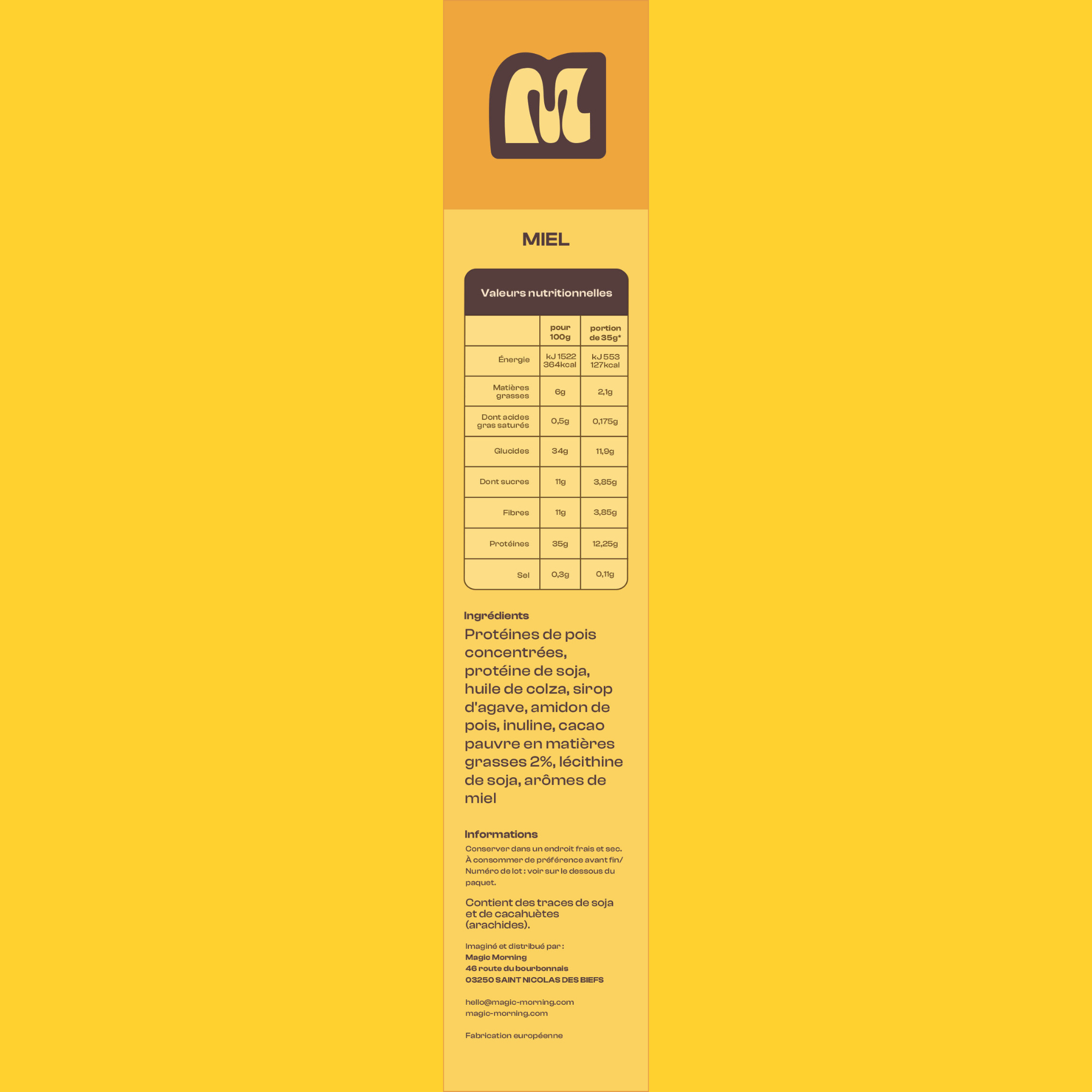 Face de boite des cereales Magic Morning saveur miel. Cereales saines et proteinees, allégé en sucre et riches en fibres, avec un melange gourmand sans gluten