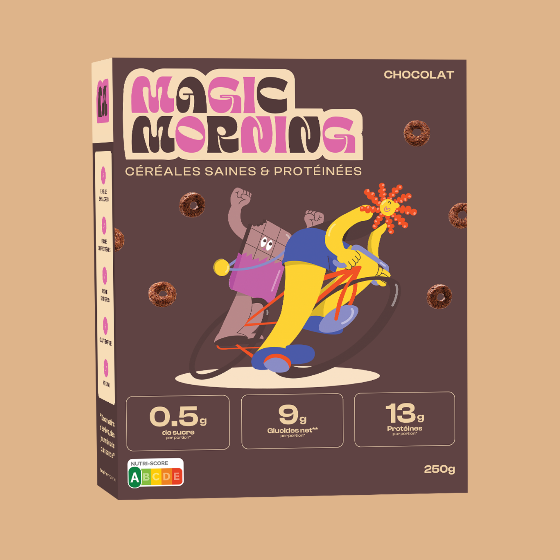 Packaging de la boite de cereales Magic Morning au chocolat, riche en proteines et faible en sucre. Illustration coloree avec un carre de chocolat et une figure sportive sur fond marron.