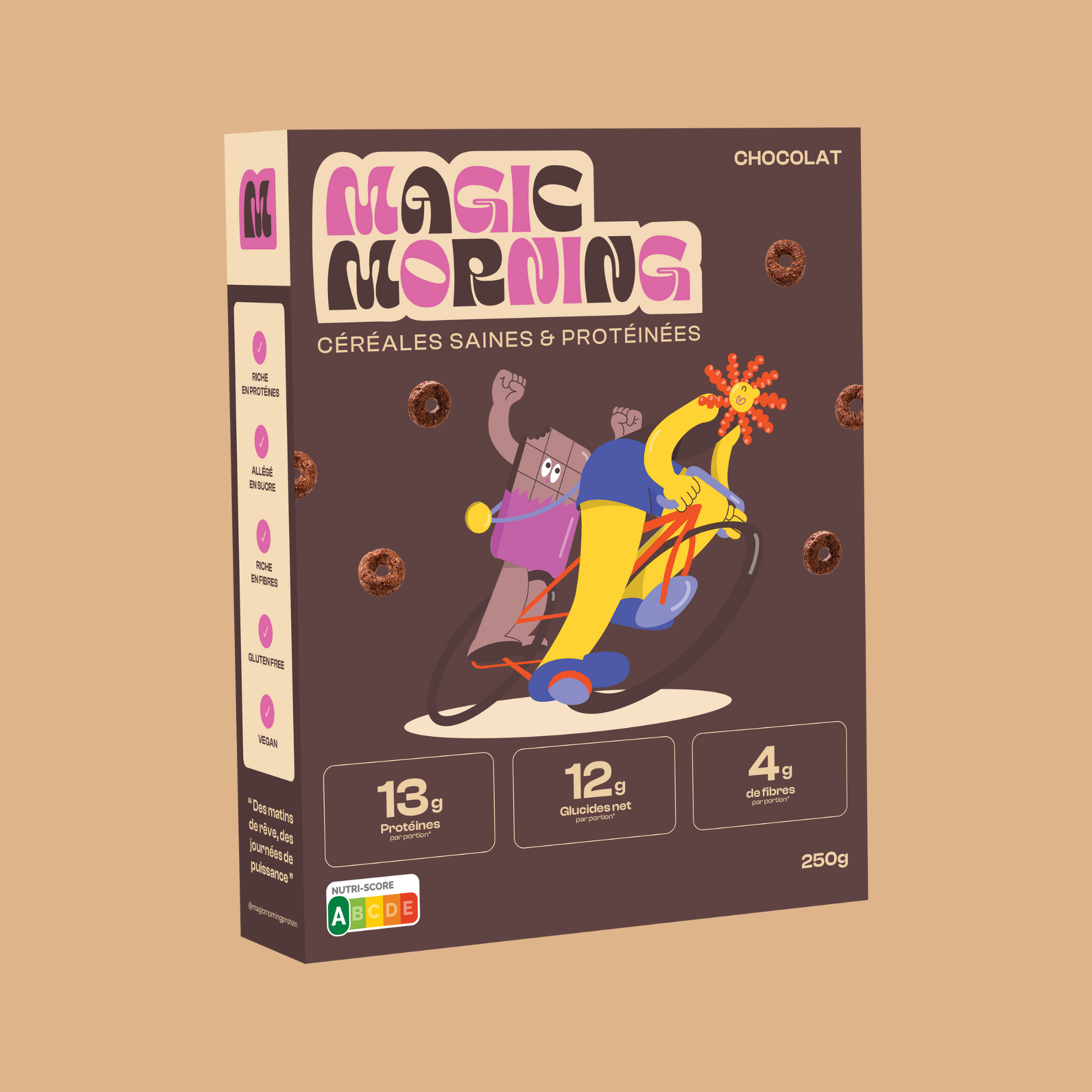 Packaging de la boite de cereales Magic Morning au chocolat, riche en proteines et faible en sucre. Illustration coloree avec un carre de chocolat et une figure sportive sur fond marron.