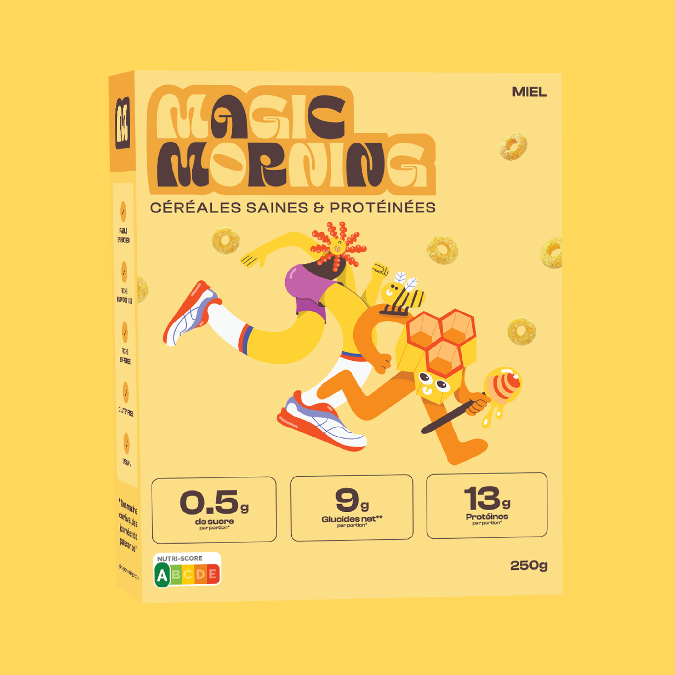Packaging de la boite de cereales Magic Morning au miel, enrichie en proteines et faible en sucre. Illustration avec un pot de miel et une figure sportive sur fond jaune dore.