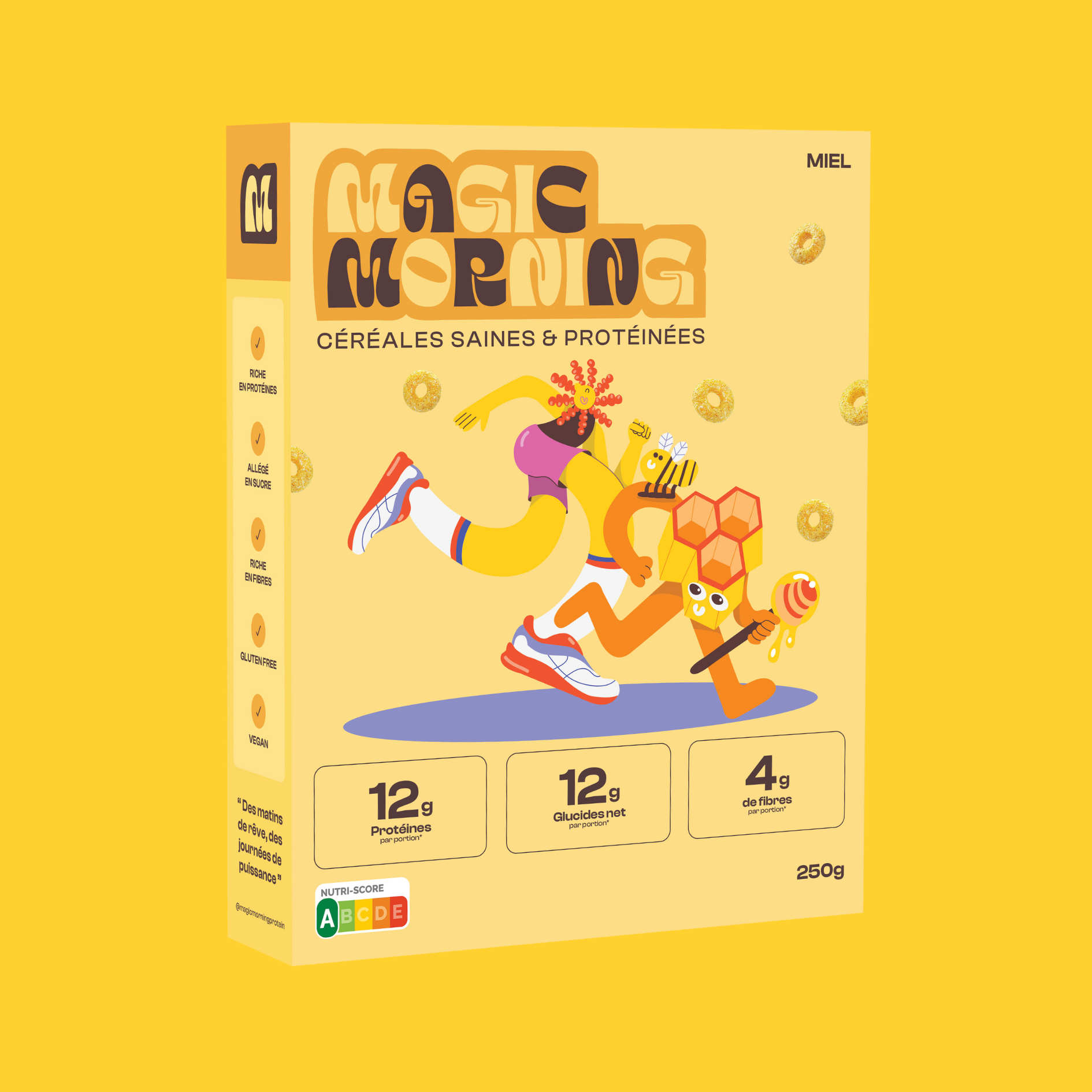 Packaging de la boite de cereales Magic Morning au miel, enrichie en proteines et faible en sucre. Illustration avec un pot de miel et une figure sportive sur fond jaune dore.