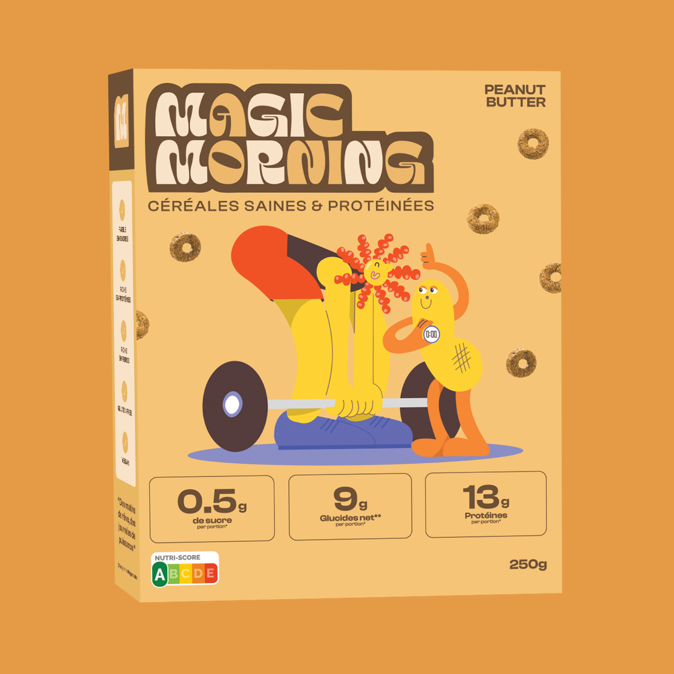 Packaging de la boite de cereales Magic Morning au peanut butter, riche en proteines et faible en sucre. Illustration dynamique avec un pot de beurre de cacahuete et une figure en mouvement sur fond beige dore.