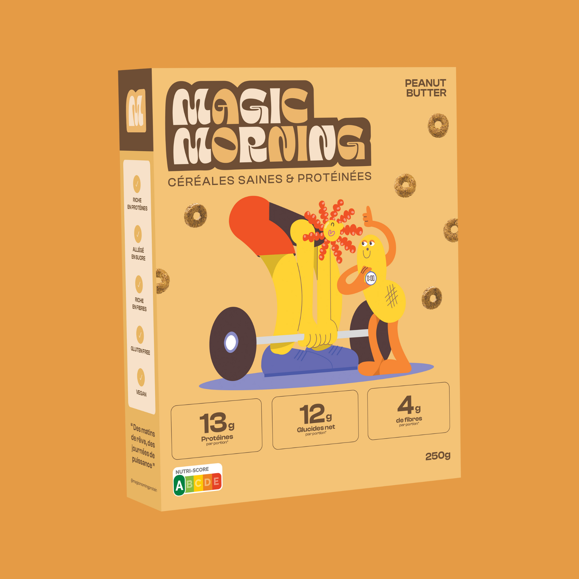 Packaging de la boite de cereales Magic Morning au peanut butter, riche en proteines et allégé en sucre. Illustration dynamique avec un pot de beurre de cacahuete et une figure en mouvement sur fond beige dore.