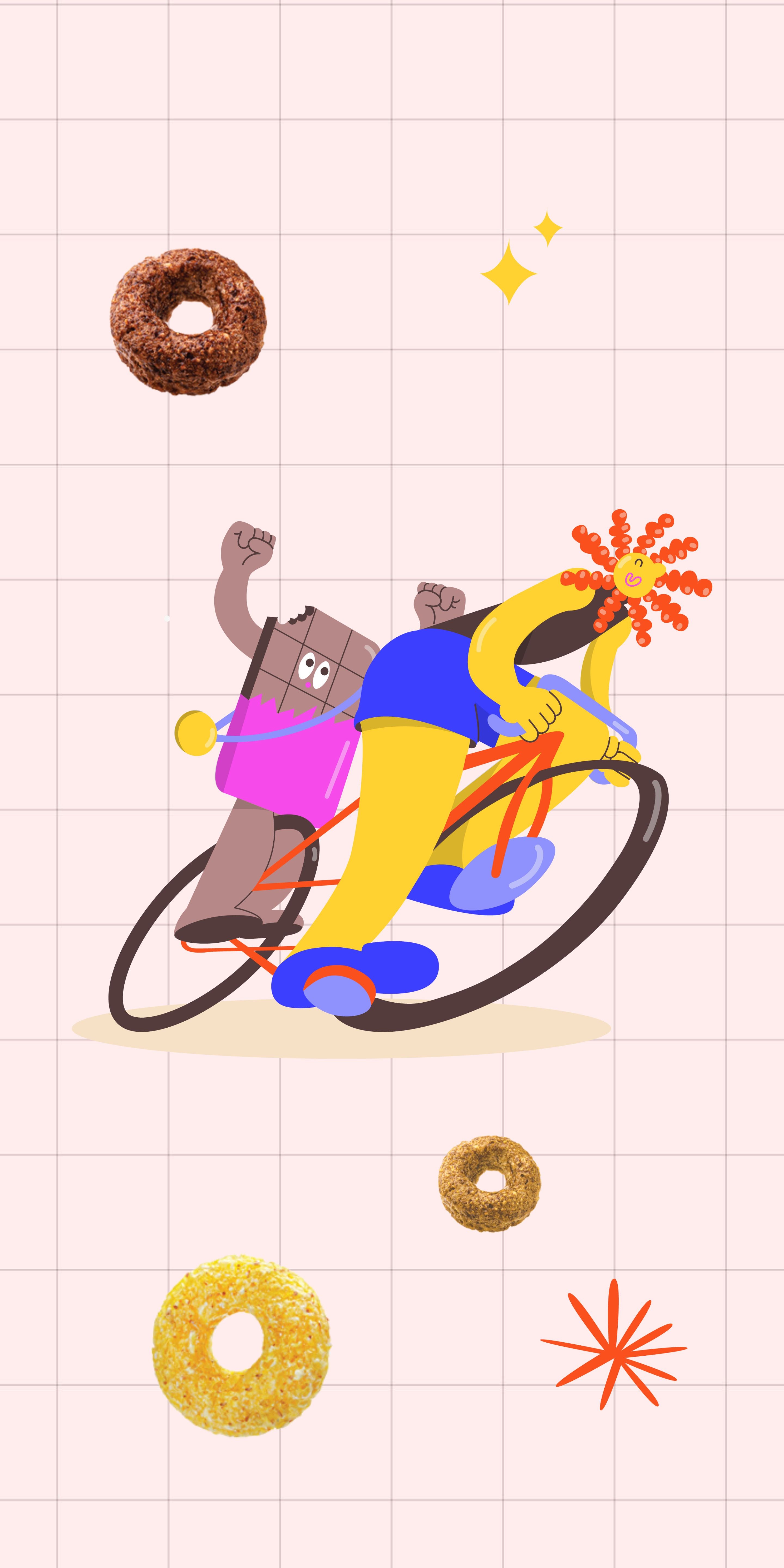 Illustration colorée représentant une barre chocolatée et une mascotte ensoleillée faisant du vélo, entourées de céréales Magic Morning riches en protéines et faibles en sucre.