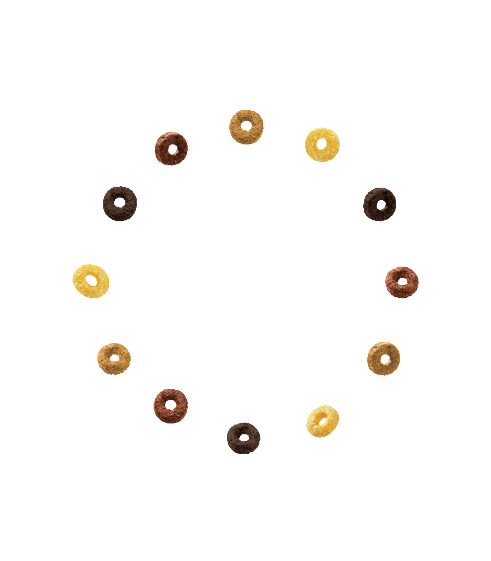 Representation du drapeau europeen compose de cereales Magic Morning aux differentes saveurs (chocolat, miel, peanut butter, cookie & cream) sur fond rose. Cereales saines, riches en fibres et proteines, faibles en sucre.