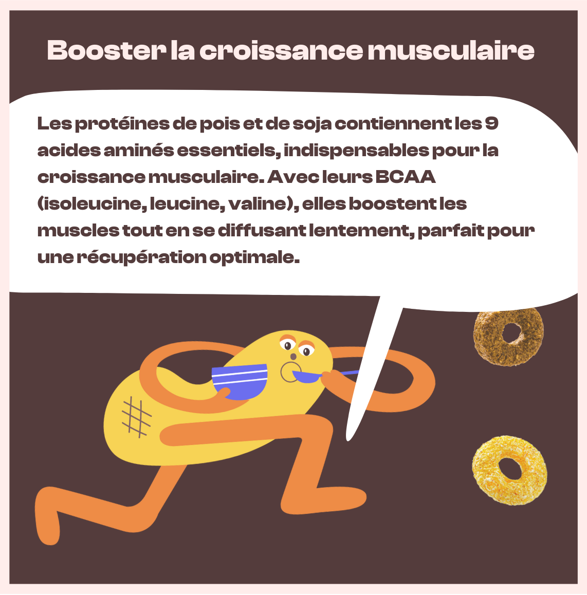Illustration d’une cacahuete humanisee en train de courir tout en mangeant un bol de cereales. Le visuel met en avant les proteines de pois et de soja, riches en BCAA, pour booster la croissance musculaire avec Magic Morning, des cereales saines, faibles en sucre et riches en fibres et proteines.