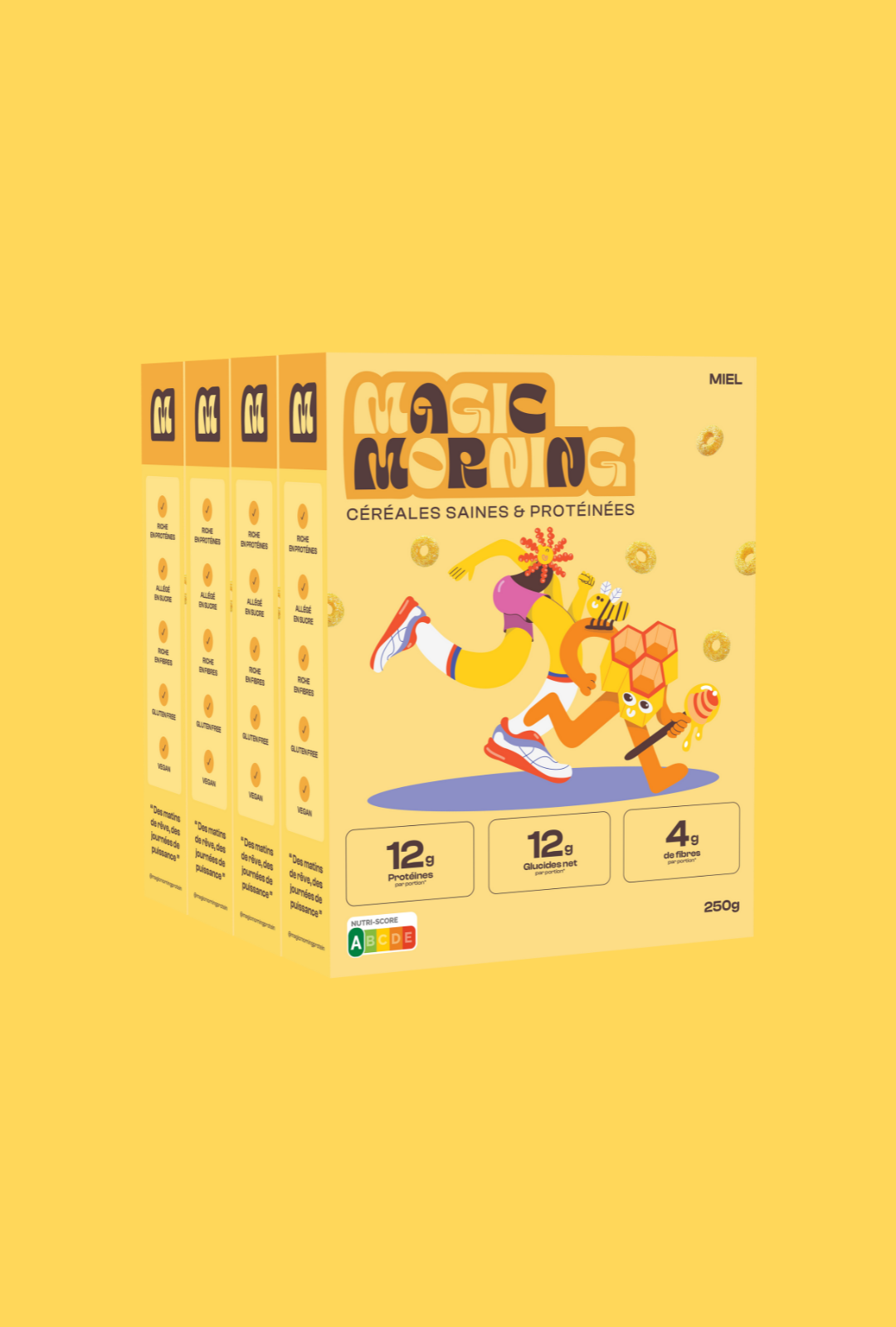 Pack de 4 boîtes de céréales protéinées Magic Morning saveur miel. Allégé en sucre (4g par portion), 12g de protéines, 12g de glucides nets, idéal pour un petit-déjeuner sain et équilibré.Vue éloignée