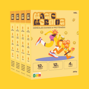Pack de 4 boîtes de céréales protéinées Magic Morning saveur miel. Allégé en sucre (4g par portion), 12g de protéines, 12g de glucides nets, idéal pour un petit-déjeuner sain et équilibré.