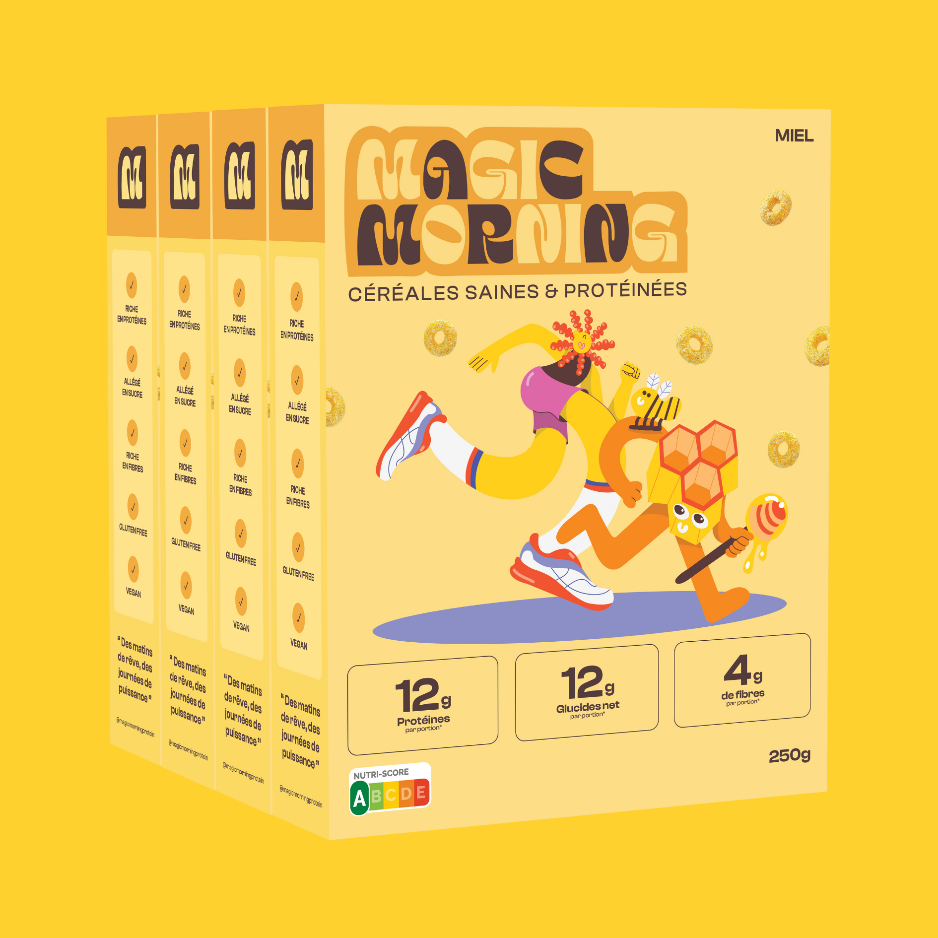 Pack de 4 boîtes de céréales protéinées Magic Morning saveur miel. Allégé en sucre (4g par portion), 12g de protéines, 12g de glucides nets, idéal pour un petit-déjeuner sain et équilibré.