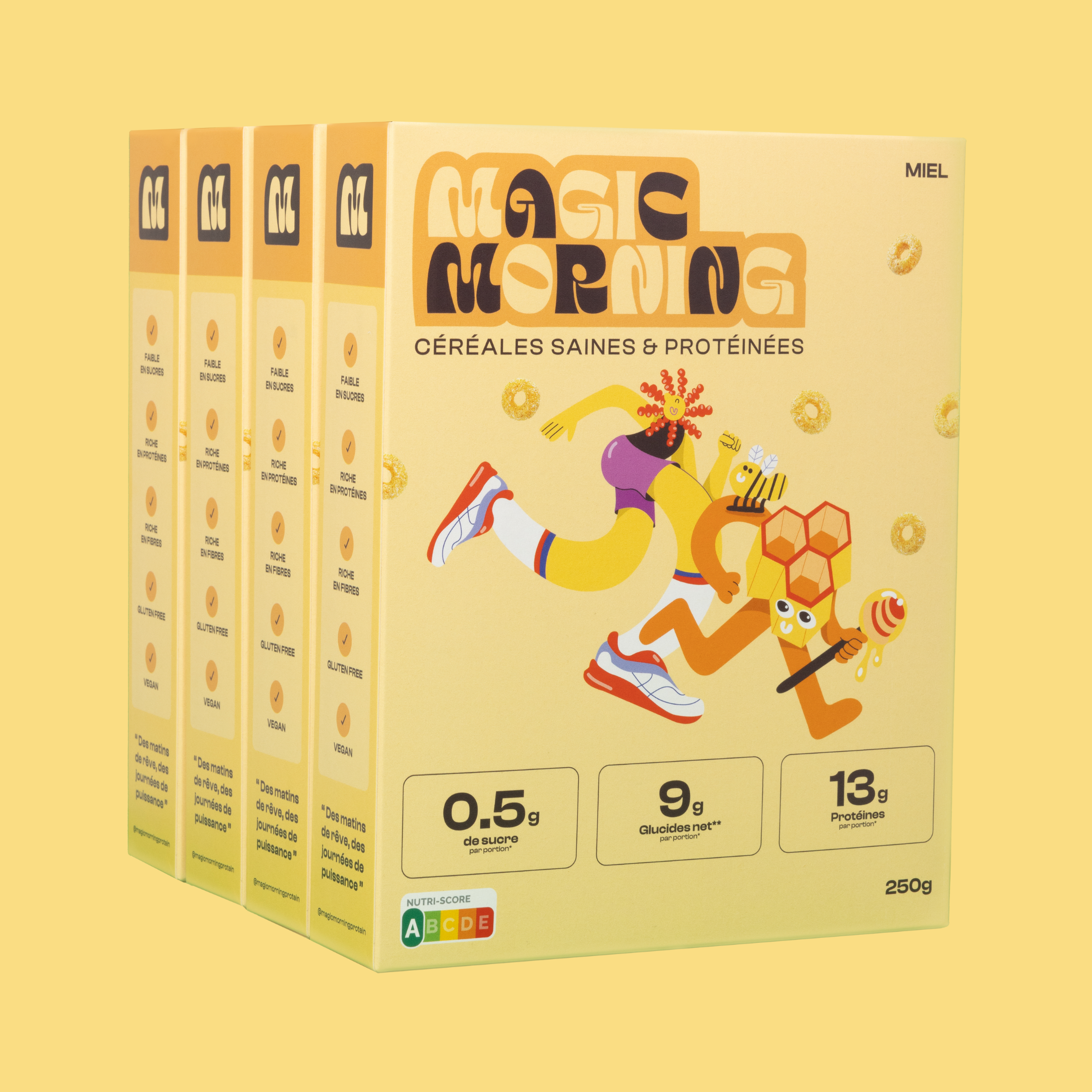 Pack de 4 boîtes de céréales protéinées Magic Morning saveur miel. Faible en sucre (0,5g par portion), 13g de protéines, 9g de glucides nets, idéal pour un petit-déjeuner sain et équilibré.