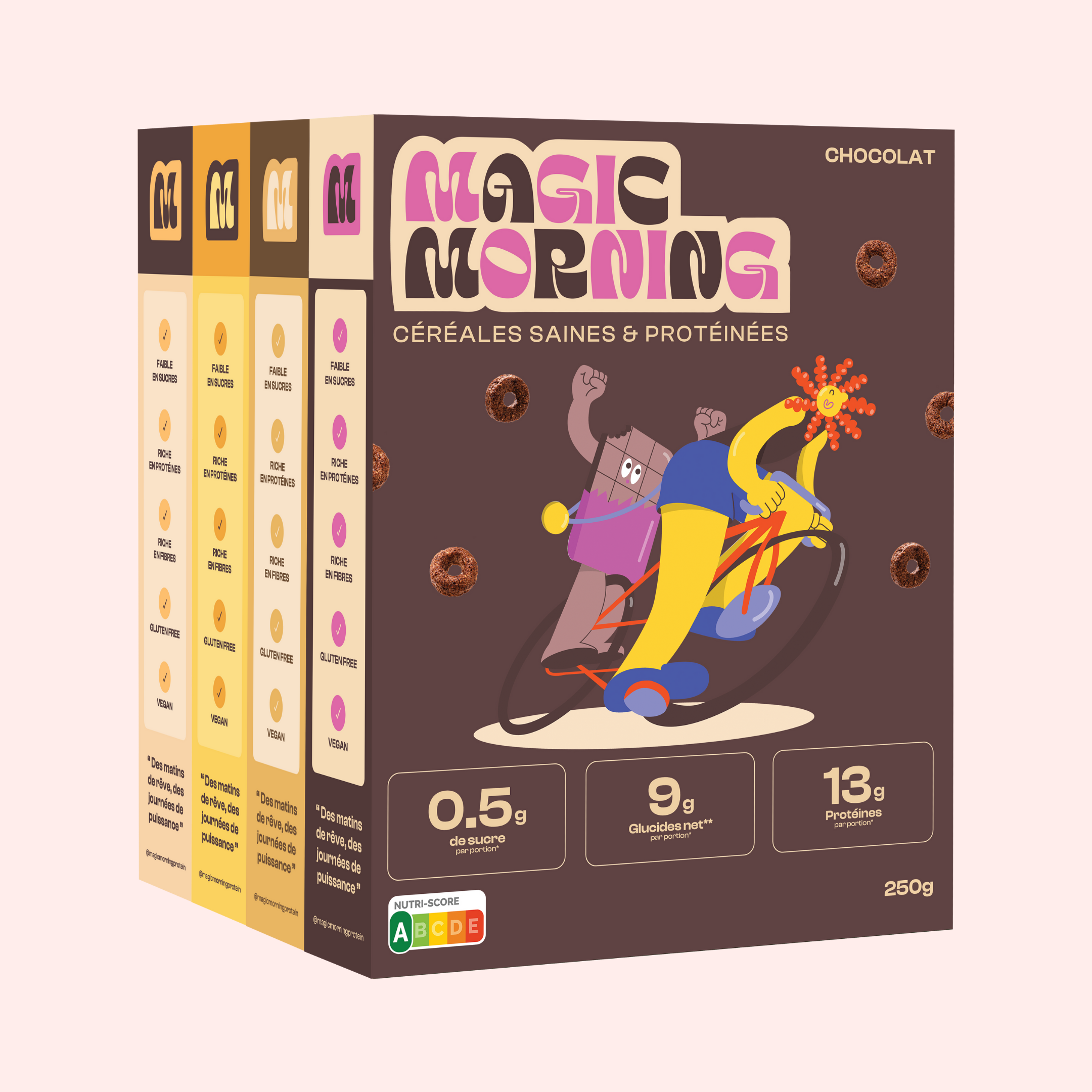 Pack multi-boîtes de céréales protéinées Magic Morning goût chocolat. Faible en sucre (0,5g), riche en protéines (13g), avec Nutri-Score affiché.