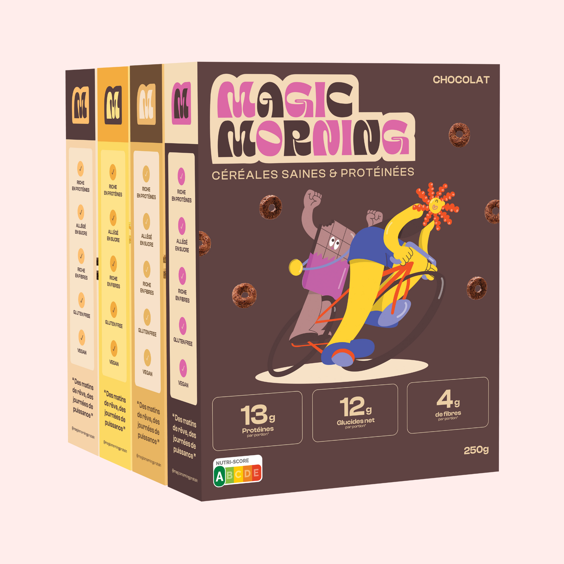 Pack multi-boîtes de céréales protéinées Magic Morning. Allégé en sucre (4g), riche en protéines (13g), avec Nutri-Score affiché.