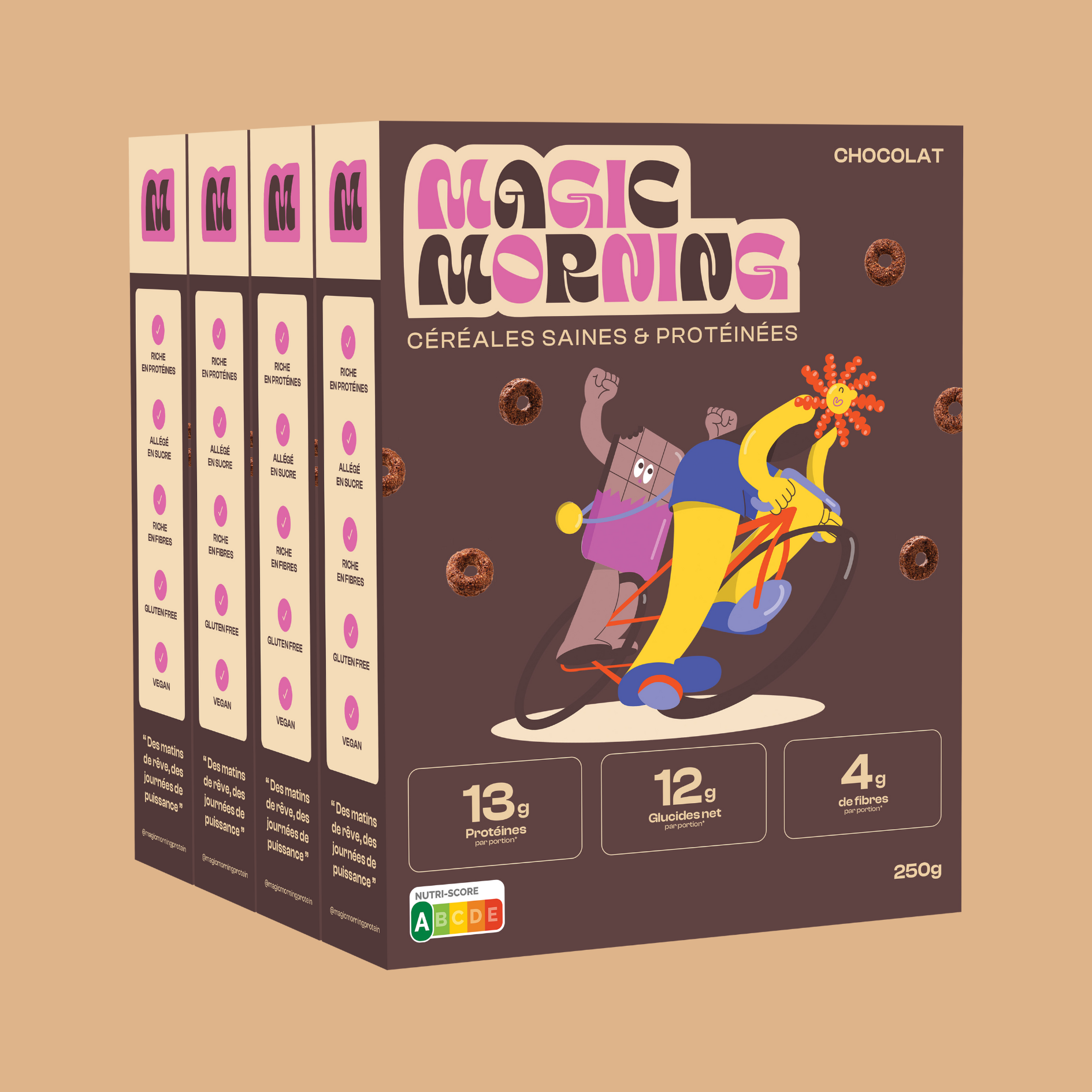 Packaging des céréales protéinées Magic Morning goût chocolat. Allégé en sucre (4g), riche en protéines (13g), avec Nutri-Score A affiché.