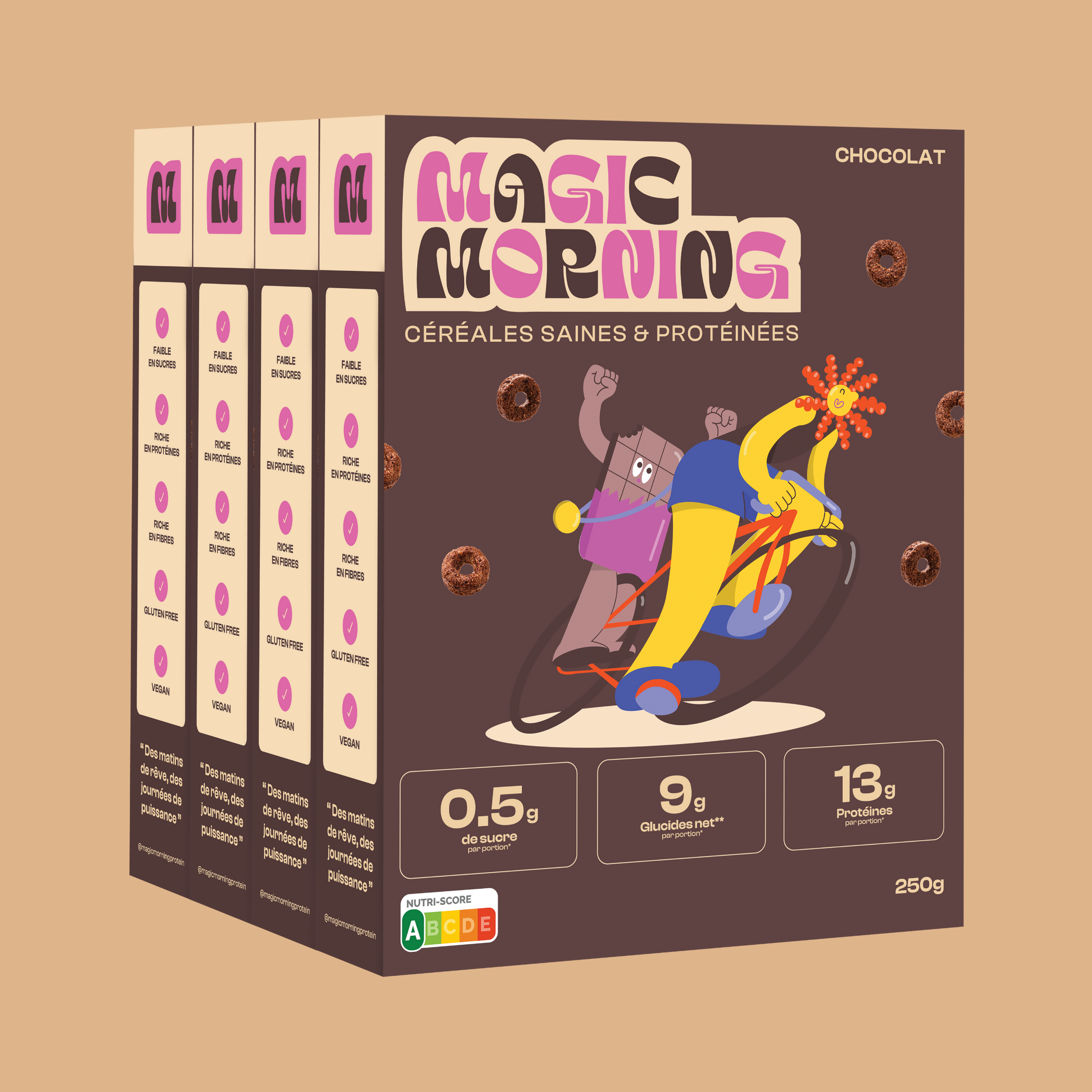 Packaging des céréales protéinées Magic Morning goût chocolat. Faible en sucre (0,5g), riche en protéines (13g), avec Nutri-Score A affiché.