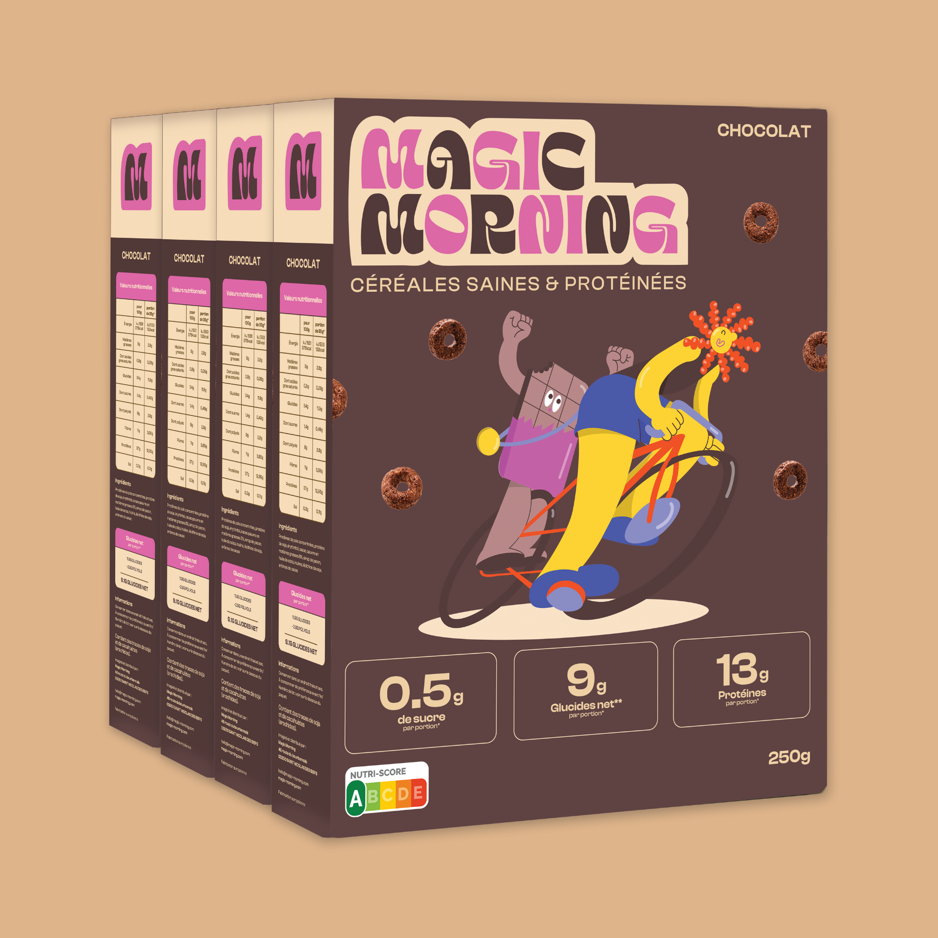 Packaging des céréales protéinées Magic Morning goût chocolat. Faible en sucre (0,5g), riche en protéines (13g), avec Nutri-Score A affiché.